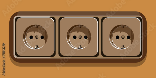 Illustration of a triple wall power socket in brown color.