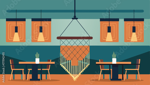 A hanging macrame installation serving as a statement piece in the center of the cafe.