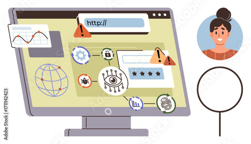 Computer screen displaying security risks thumbs up bugs, viruses, and unauthorized access, paired with warning alerts. Ideal for cybersecurity, data safety, spam protection, malware prevention