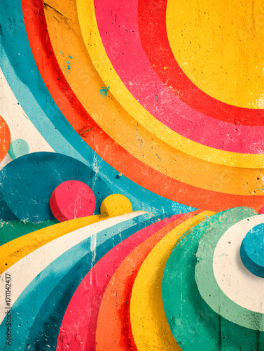 Colorful concentric rainbow arcs and circular shapes abstract artwork.