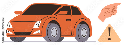 Orange car standing still, hand gesture conveying attention, and warning triangle. Ideal for road safety, driving caution, transportation alert, responsibility symbol, automotive education, vehicle