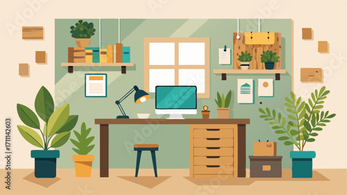 A home office with a desk made from reclaimed pallets and a cork bulletin board surrounded by indoor plants.