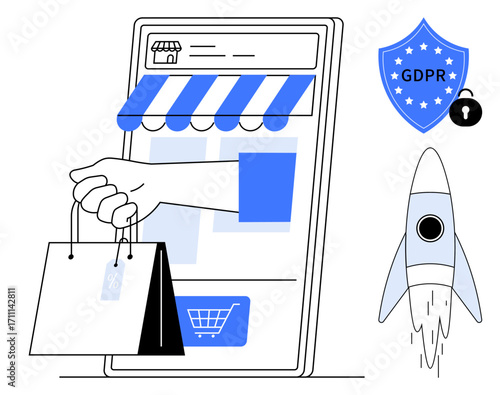 Smartphone storefront with hand holding shopping bags, GDPR shield, lock, and rocket launch. Ideal for e-commerce, data privacy, compliance, secure payments innovation online retail growth. Simple