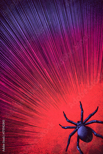 A dark spider with multiple legs is in the foreground.
