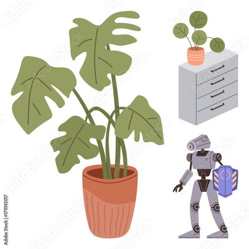 Modern robot with shield stands near a large monstera plant, small potted plant, and office cabinet. Ideal for tech-environment interaction, balance, sustainability, corporate setups, AI, nature