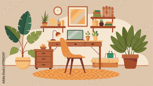 A home office with a mix of natural and bohemian elements such as a rattan desk a cozy rug and a variety of tropical plants.