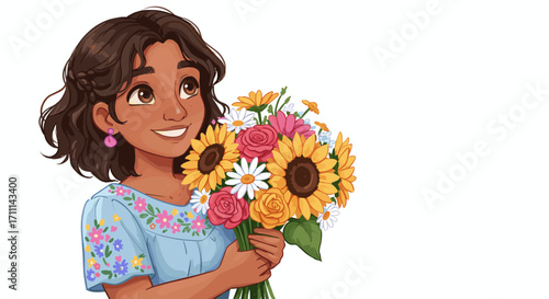 Joyful Young Woman Holding Beautiful Bouquet of Flowers Isolated on Transparent Background