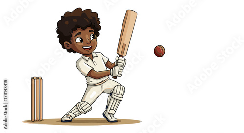 Young Boy Enthusiastic Cricketer Playing Batting Game with Joy Isolated on Transparent Background
