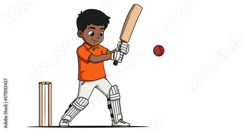 Young Boy Playing Cricket Game Batting With Ball Isolated On Transparent Background