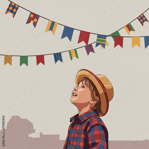 A child in a straw hat looks up at colorful bunting.