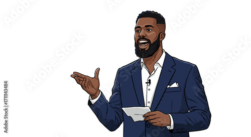 Charismatic Businessman Gesturing Enthusiastically Holding Paper Isolated on Transparent Background Presentation