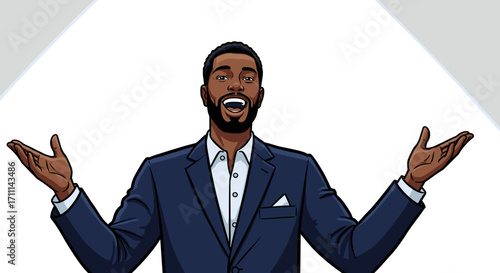 Joyful Black Man in Suit Excitedly Gesturing Welcomingly Isolated on Transparent Background