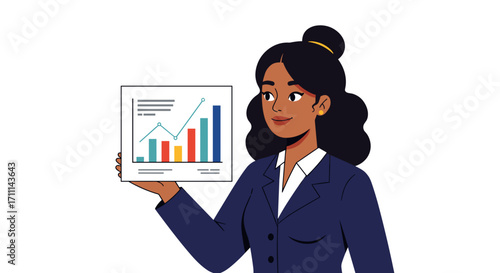 Successful business woman shows growth chart data analytics isolated on transparent background