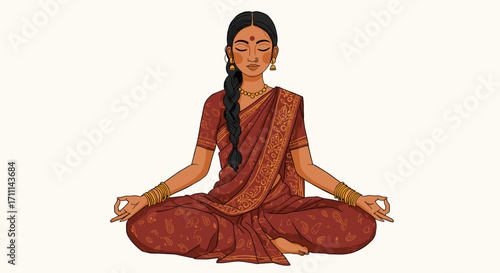 Young Indian Woman Meditating in Lotus Pose Practicing Yoga Calmness Serenity Isolated on Transparent Background