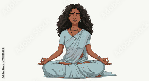Peaceful Indian Woman in Traditional Saree Meditating in Lotus Pose Isolated on Transparent Background