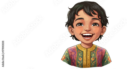 Joyful Young Boy Smiling Enthusiastically Wearing Colorful Traditional Clothing Isolated on Transparent Background
