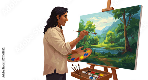 Artist creating a beautiful landscape painting on canvas easel with colorful paints isolated on transparent background