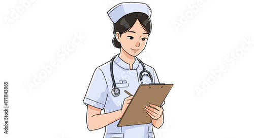 Caring Nurse Practitioner Writing Medical Notes on Clipboard Isolated on Transparent Background