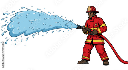 Brave firefighter spraying powerful jet of water from hose ready to extinguish blaze isolated on transparent background