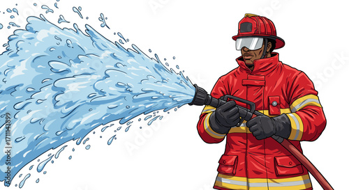 Brave Firefighter Man Spraying Water From Hose in Action with Powerful Jet Isolated on Transparent Background