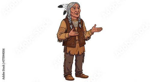 Elderly Native American Man Gesturing Welcomingly Isolated on Transparent Background Wise Cultural Figure