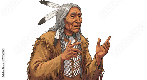 Elderly Native American Man Talking Wisdom Communication Gesture Storytelling Isolated on Transparent Background