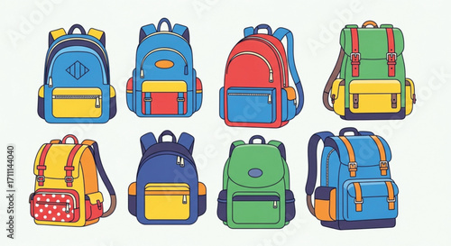 A collection of colorful backpacks designed for school and travel are displayed against a white background.