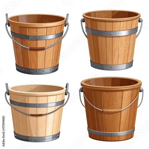 Four wooden buckets in various shades of light and dark brown