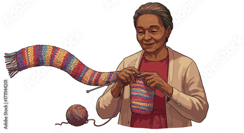 Elderly Woman Knitting a Colorful Scarf Joyfully Isolated on Transparent Background