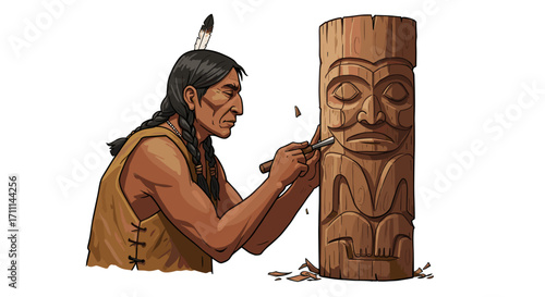 Native American artist carving intricate totem pole wood sculpture isolated on transparent background
