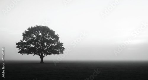 A solitary, majestic tree stands silhouetted against a hazy, atmospheric sky.