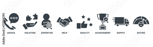 Customer Service icon set vector concept with icon of help, expertise, solution, advice, supply, reliability, quality, rating 