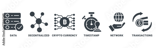 Blockchain icon set vector concept with icon of data, decentralized, crypto currency, timestamp, network, transactions 