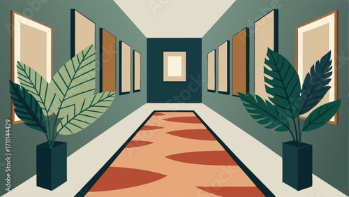 A hallway lined with framed botanical prints and a runner rug featuring a leaf design.