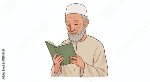 Elderly Muslim Man Reading Holy Book with Gentle Smile Isolated on Transparent Background Peaceful Wisdom