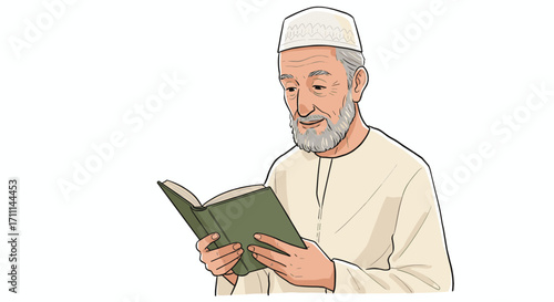 Elderly Muslim Man Reading Holy Book with Joyful Expression Isolated on Transparent Background