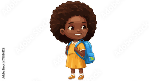 Charming young Black girl with afro hairstyle wearing yellow dress carrying blue backpack isolated on transparent background happy smiling forward