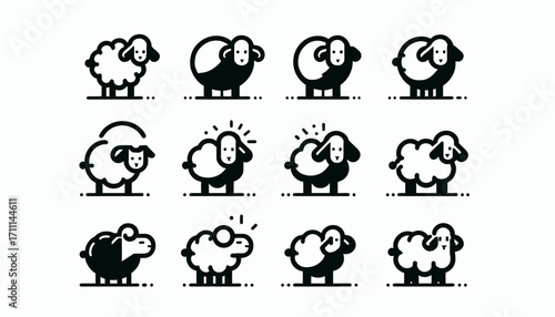 A collection of twelve charming and minimalist sheep icons, depicted in various cute poses and styles, rendered as simple black and white vector graphics.