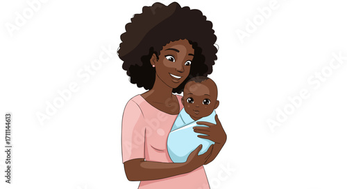 Beautiful Black Mother Gently Holding Newborn Baby Wrapped in Blue Blanket Isolated on Transparent Background