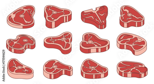 A collection of various raw meat cuts, presented in a flat vector style, ready for culinary use and food-related design projects, showcasing different steak shapes and textures.