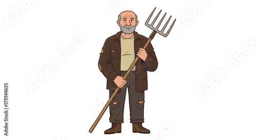 Elderly Farmer Holding Pitchfork Standing Confidently Isolated Transparent Background Rustic Lifestyle Rural