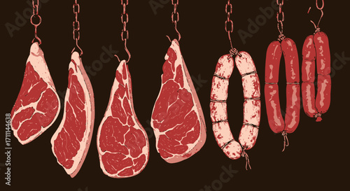 A vector illustration showcases various cuts of raw meat and sausages, hanging from hooks against a dark background, ideal for butcher shop designs or culinary projects.