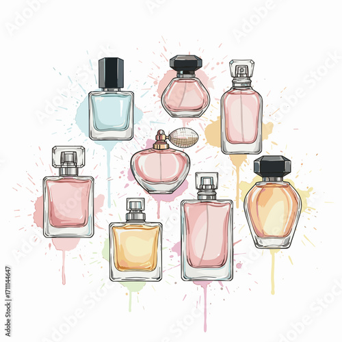 Watercolor vector illustration collection of modern perfume bottles for print and decoration of beauty salons and cosmetic stores