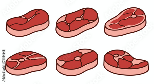 A vibrant collection of six different raw red meat cuts, depicted as clean vector illustrations, ideal for culinary and food-related design projects.