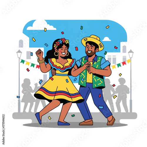 A couple dances joyfully in traditional attire amidst a festive street celebration with confetti and colorful banners.