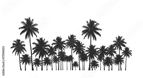 A silhouette of a dense cluster of palm trees against a white background.