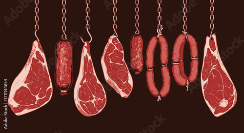 A variety of fresh, raw meat cuts and sausages are displayed hanging from chains against a dark, rustic background, showcasing butcher shop products.