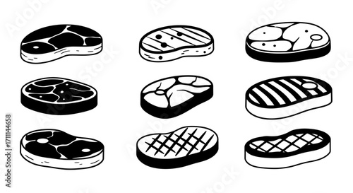 Collection of nine different raw and grilled meat steaks, presented as simple vector illustrations on a clean white background, perfect for culinary themes.