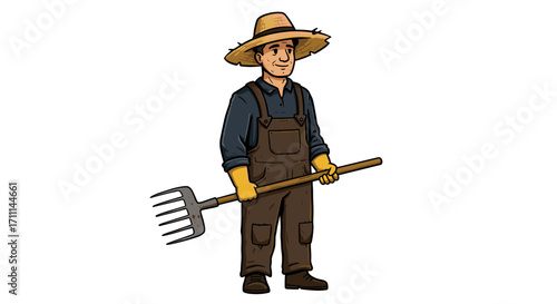 Happy Farmer Holding Pitchfork Ready for Work Isolated on Transparent Background