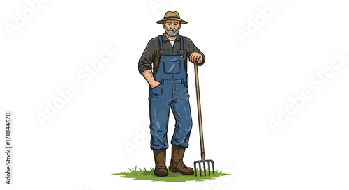 Rugged farmer in blue overalls leaning on pitchfork standing in grassy field isolated on transparent background